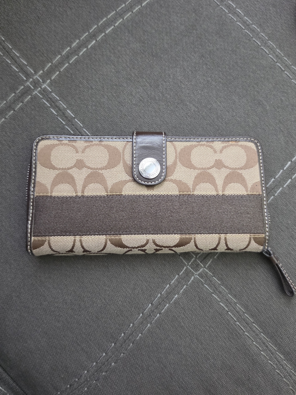 Coach Signature Canvas Zip Wallet in Tan and Brown